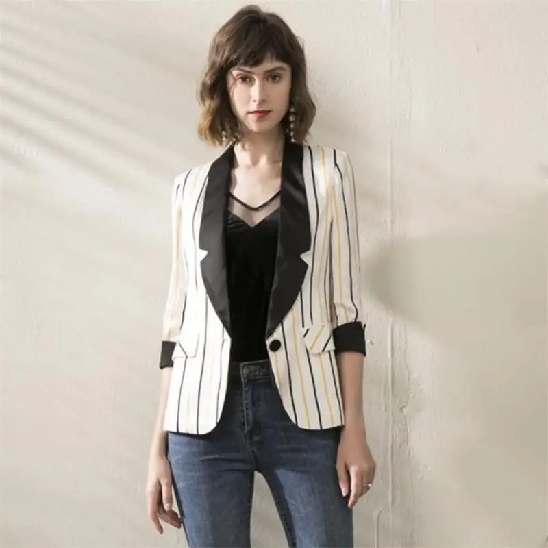 

Elegant Blazer 2019 High Quality Designer Blazer Suit Women 3/4 Sleeve Color Block Striped Single Button Jacket NPB015S