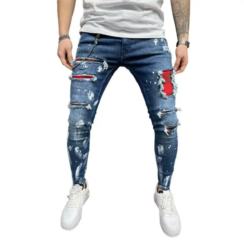 

Мужские рваные джинсы в стиле пэчворк, облегающие джинсы, Стрейчевые байкерские брюки из потертого денима, потертые джинсы, мужские джинсы