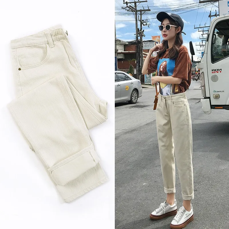 

2019 Autumn and Winter New Jeans Womencasual Rice White Autumn and Winter Straight Loose Ankle Length Pants Plus Size