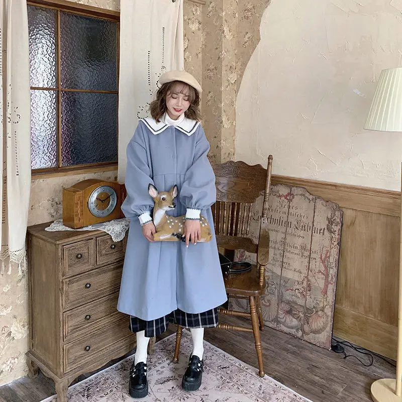 

Luck winter wool coat hooded long coat horn button cotton coat thick warm loose wool coat cute girl 2021 women's clothing