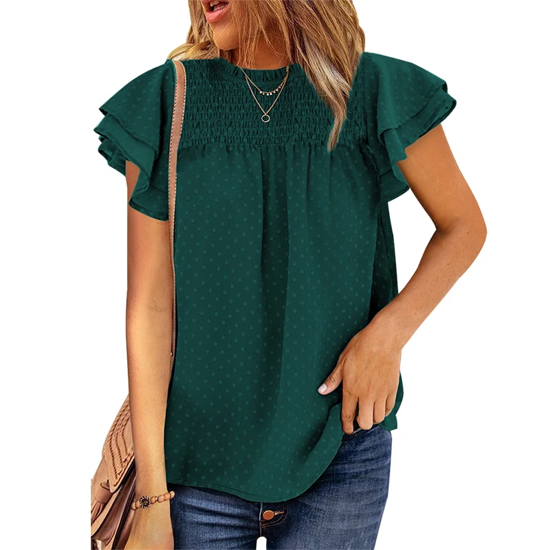 

Summer 2022 Fashion Polka Dot Chiffon Blouse Women Short Sleeve Shirring Half High Collar Tops And Blouses Loose Casual Shirts