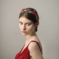 o366 red cloth flowers bridal hairband jewelled metal arab headpiece beaded rhinestone headband