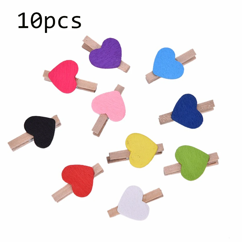 

10 Pcs/lot Cute Multicolor Love Heart Spring Wood Clip Photo Clips For Clothespin Craft Clips Party Decoration Clip Hemp Rope
