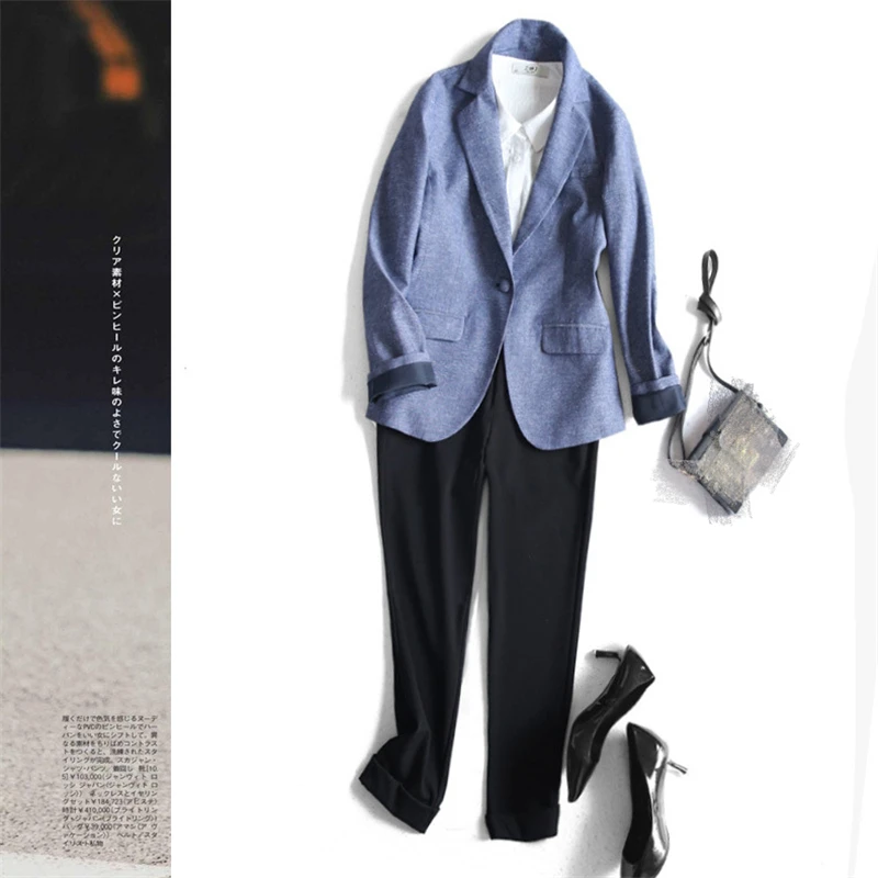 

20201NEW Blue Flax Solid Color Office Lady Blazer For Women Single Button Slim Office Lady Jacket Spring Autumn Coat Female K048