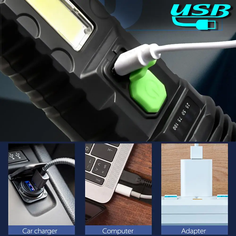 

USB/Solar Charging Flashlight Built-in Battery Torch with COB Side Light Solar Flashlight Waterproof Hand Light Camping Lamp