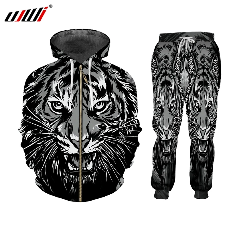 

UJWI Tracksuits Sets Winter Autumn 2-piece Suit Hoodie 3D Printed Zip Up Black White Tiger Medal Men Hooded Hoodies Pants Jogger