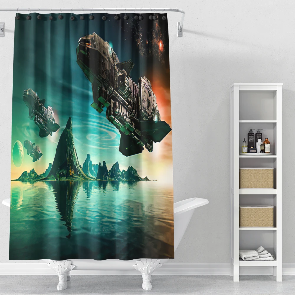 

Home Decoration Bathroom Toilet Waterproof Customize 3D Print Galaxy Starry Sky Outer Space Airship Shower Curtains Adult Kids