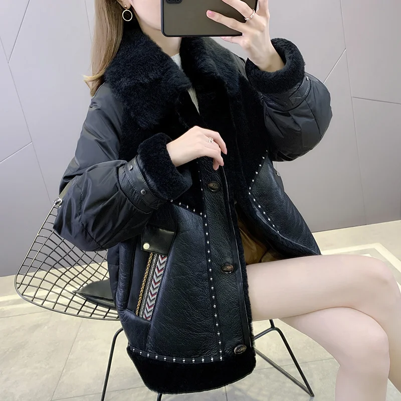 

SHZQ 2021 Winter New Fur Coat Loose Embroidery Fur One-piece Coat Young Down Jacket Women's Middle and Long