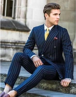 2 pieces double breasted groomsmen navy blue stripe groom tuxedos peak lapel men suits wedding best man blazer terno masculino