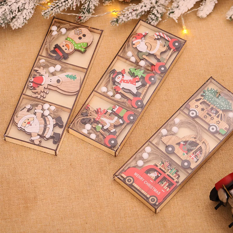 

9 piece New Christmas decorations cartoon santa claus combination pendant wooden car Christmas tree decoration accessories
