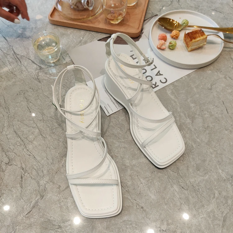 

Summer One-strip Sandals With Square Toe Straps Wedge Open-Toe Sandals Women
