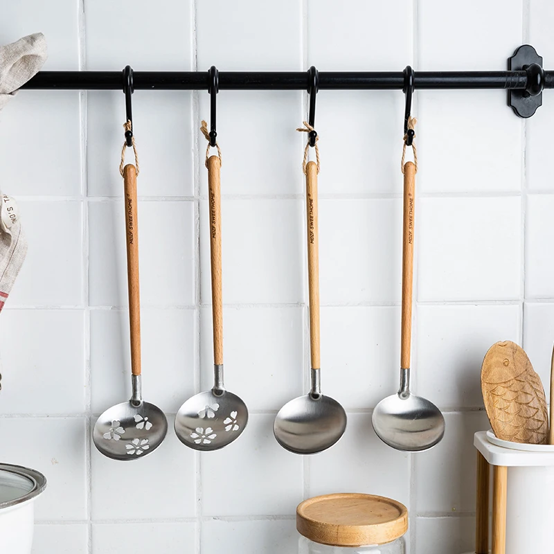 

Long Handle Wooden Stainless Steel Spoon Commercial Restaurant Kitchen Ladle Artistic Cozinha Utensilios Kitchen Utensils KC50SZ