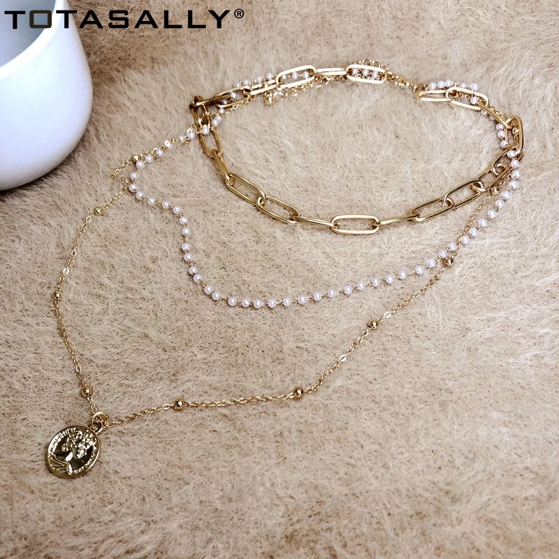 

TOTASALLY Fashion Women's Simulated Pearl Beaded Curb Chain Coin Pendant Necklace For party show Lady Jewelry Gifts Dropship