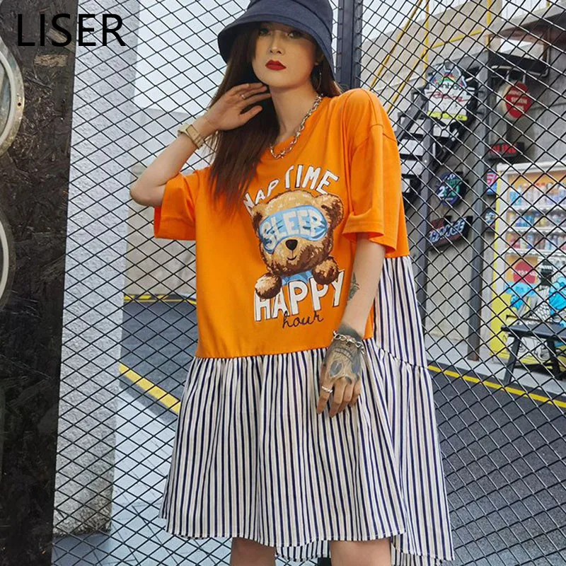 

Летнее модное платье в полоску с прострочкой, свободное платье большого размера, новинка 2022, платье-пуловер с мультяшным принтом и надписью ...