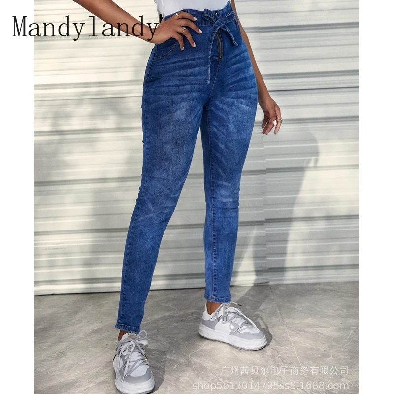

Mandylandy Jeans Autumn Fashion Bandage Zipper High Waist Denim Pencil Pants Women's Casual Solid Color Slim Jeans