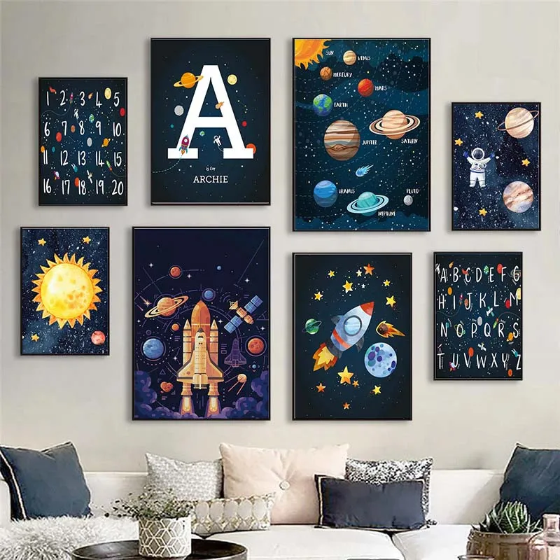 

Planets Rocket Spaceship Number Letter Nursery Wall Art Canvas Painting Nordic Posters And Prints Wall Pictures Kids Room Decor