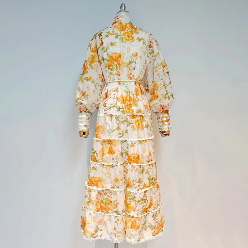 

Платье-миди женское с воротником-стойкой, длинным рукавом-фонариком и высокой талией