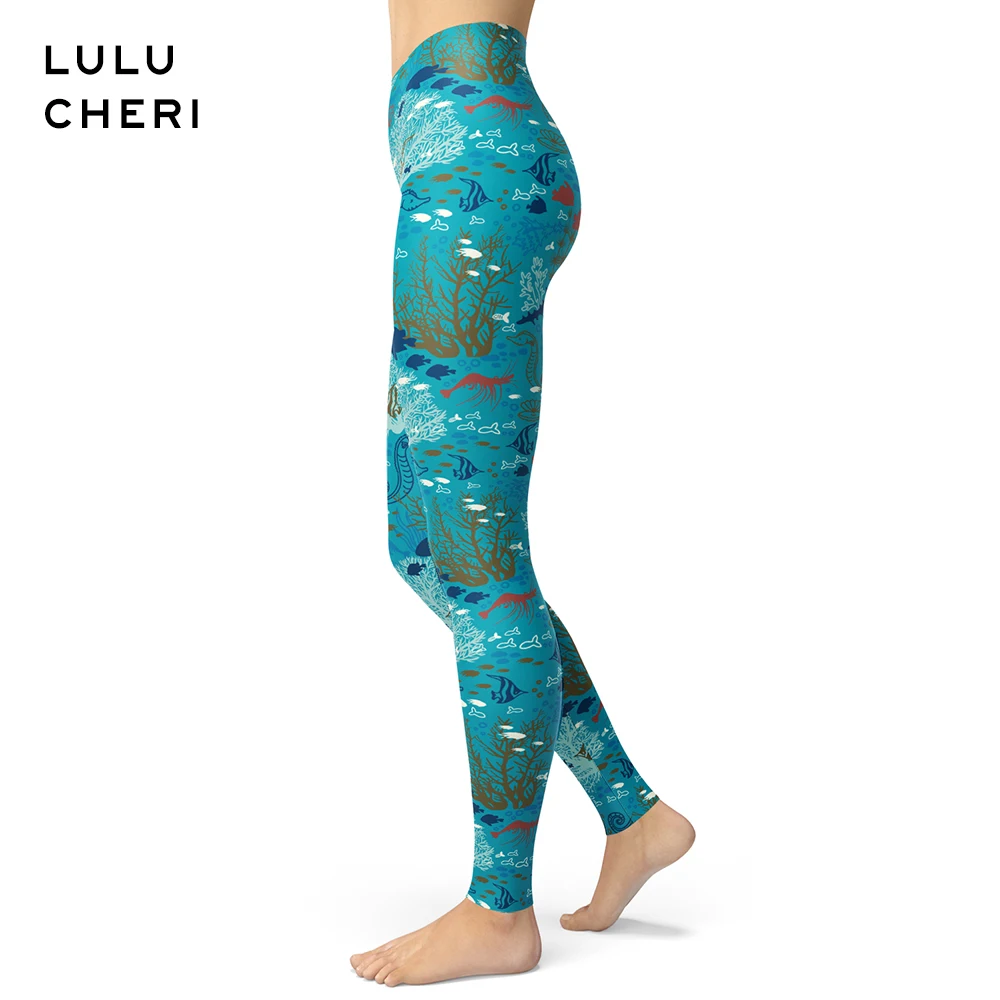 Женские леггинсы с принтом Морская жизнь синие пикантные мягкие облегающие