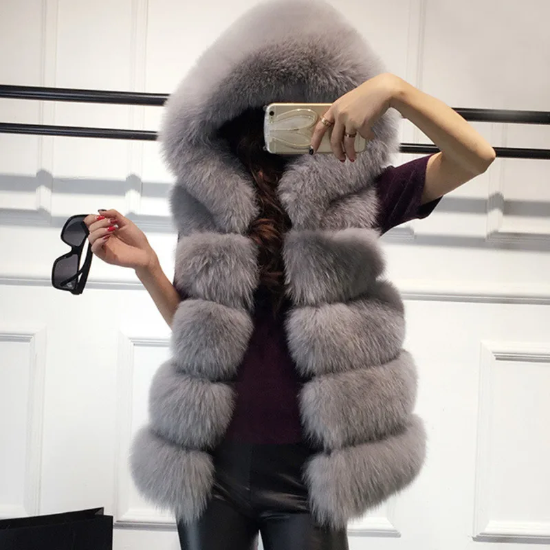 

#0749 Black White Grey Pink Green False Fur Vest Coat Women With Hooded Casual Waistcoat Female Slim Kimono Vest Warm Winter