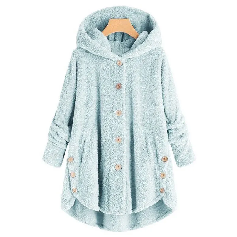 sky blue Толстовки, свободные, одноцветные, длинный рукав, плюшевое пальто для женщин,, осень, зима, на пуговицах, флисовое пальто для женщин, пальто из искусственного меха, куртки для женщин - Цвет: sky blue