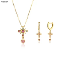 andywen 925 sterling silver gold rose cross pendiente drop earring zircon colorful cross pendant long chain necklace jewelry set