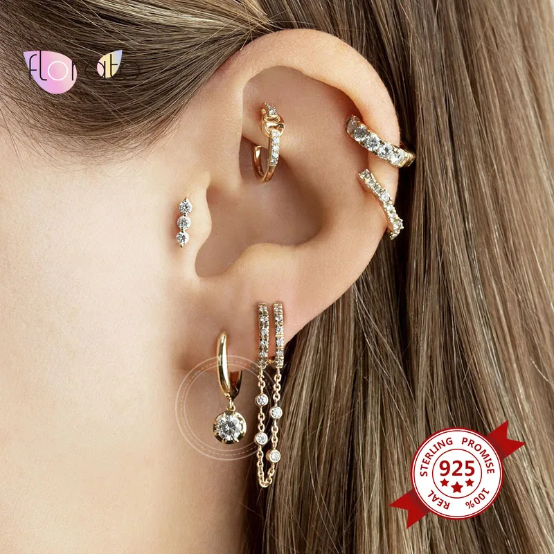 

925 Sterling Silver Round Rainbow Zircon Earring For Women Girls Geometry CZ Hanging Huggie Hoop Earrings Pendiente Jewelry Gift