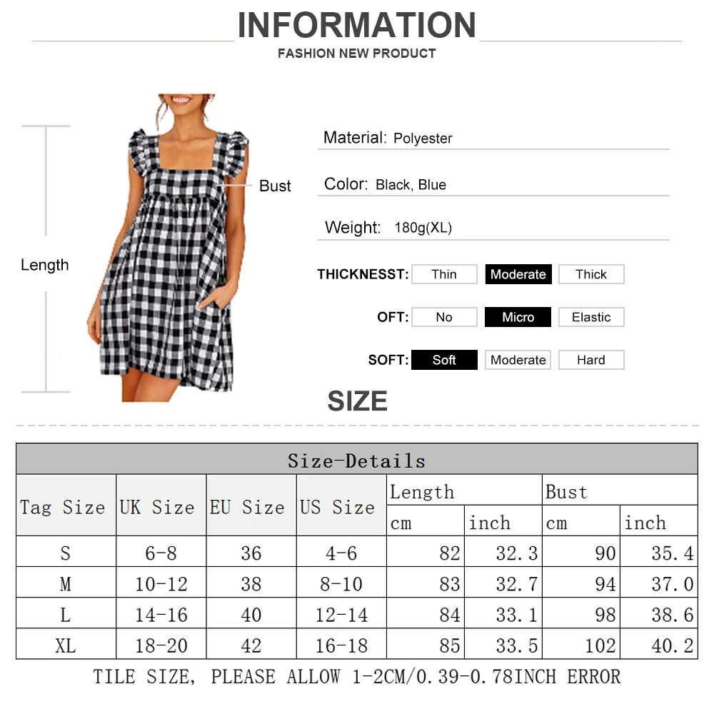 

2021 New Summer Dress Beach Plaid Print Ruffles Sleeveless A-line Dress Women Casual Party Loose Mini Dress Vestido Sundress D30