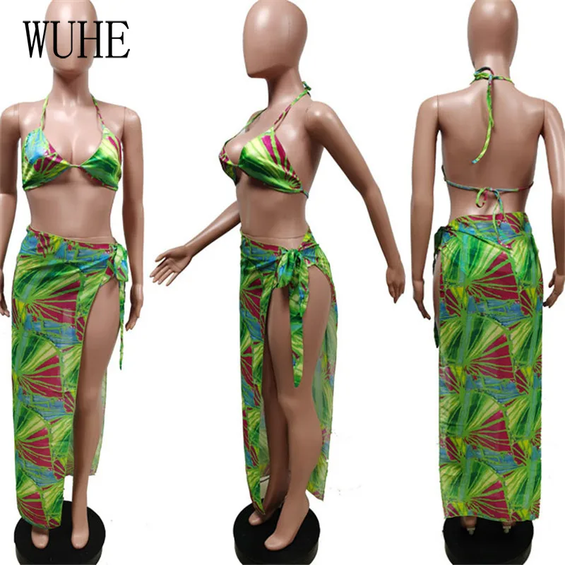 

WUHE Bikini Swimsuits 3 Piece Sets Print Halter Off Shoulder Top+Sexy Panties+Lace Up Skirts Beach Holiday Casual Party Outfits