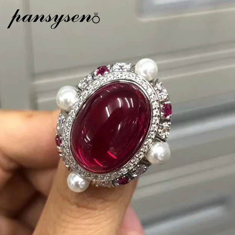 PANSYSEN Top Quality 100% Solid 925 Sterling Silver 13x18MM Ruby Pearl Gemstone Rings Wedding Anniversary Fine Jewelry Ring Gift