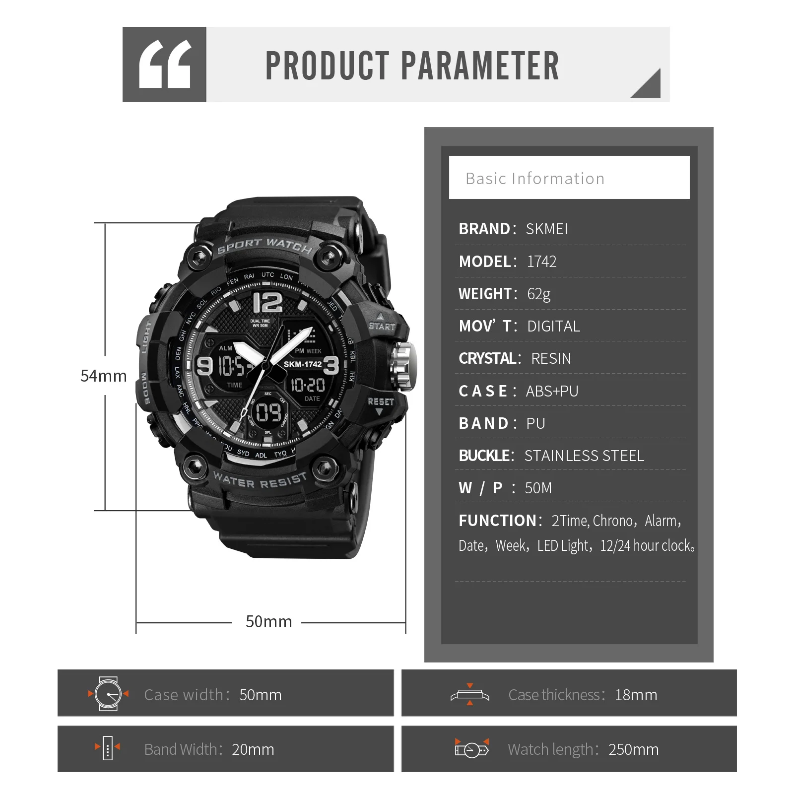 

SKMEI Shockproof Mens Watches 2 Time Chrono Personality Digital Sport Mens Wristwatch Waterproof Watch relogio masculino 1742