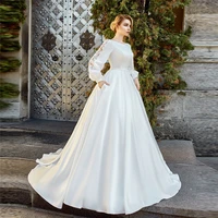 modest scoop long sleeves a line wedding dress lace appliques pleated women custom bridal gowns princess vestidos de mariage