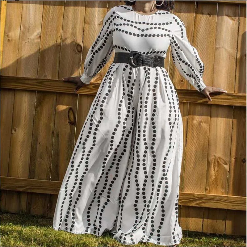 

Plus Size Clothing Jumpsuit Women Summer 2021 White Dot Long Sleeve Straight-leg Rompers Elegant Office Loose Jumpsuit For Lady