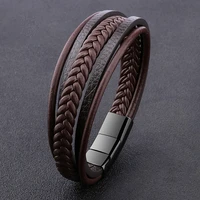 popular european and american retro hand woven mens stainless steel leather bracelet titanium jewelry