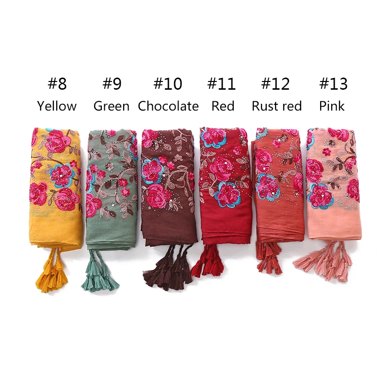 

1PC NEW Soft Luxurious Soild hijabs Flower embroidery scarves Women elegant shawls tassels Hand made bandanna Muslim head wraps