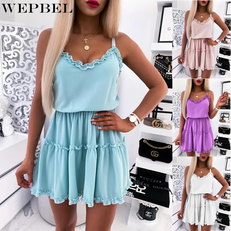 

WEPBEL Summer Sexy Solid Color Sleeveless Spaghetti Strap Dress Women's Casual V-neck Backless Stitching Ruffle Dress