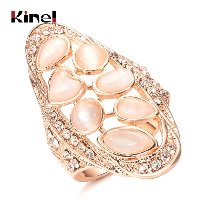 Kinel Vintage Big Oval Opal Stone Ring For Women 585 Rose Gold Color Engagement Wedding Jewelry Bague Anel Drop Shipping