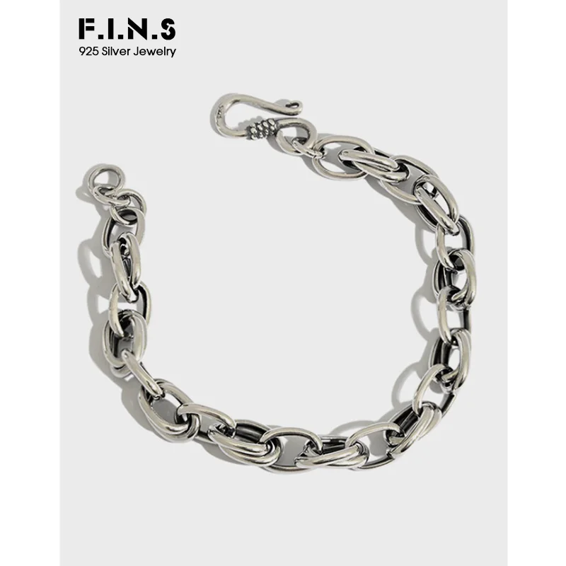 

F.I.N.S настоящий браслет из 100% стерлингового серебра 925 пробы, ретро браслет из старого тайского серебра, толстый браслет с цепочкой, ювелирны...