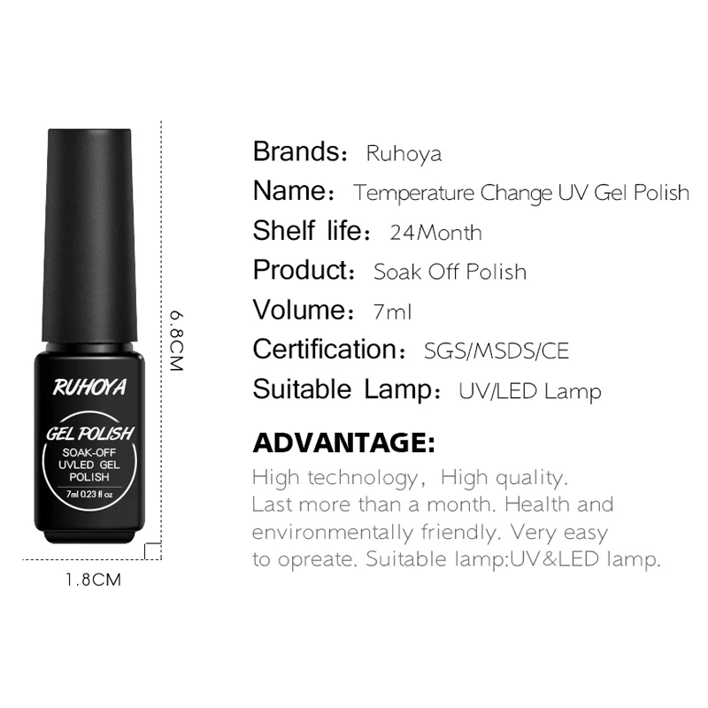 Ruhoya 7 мл лак для ногтей замачиваемый меняющий температуру Гель-лак УФ