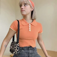 women spread collar sweetheart button knit top with contrast cuff line short sleeve crop knit top