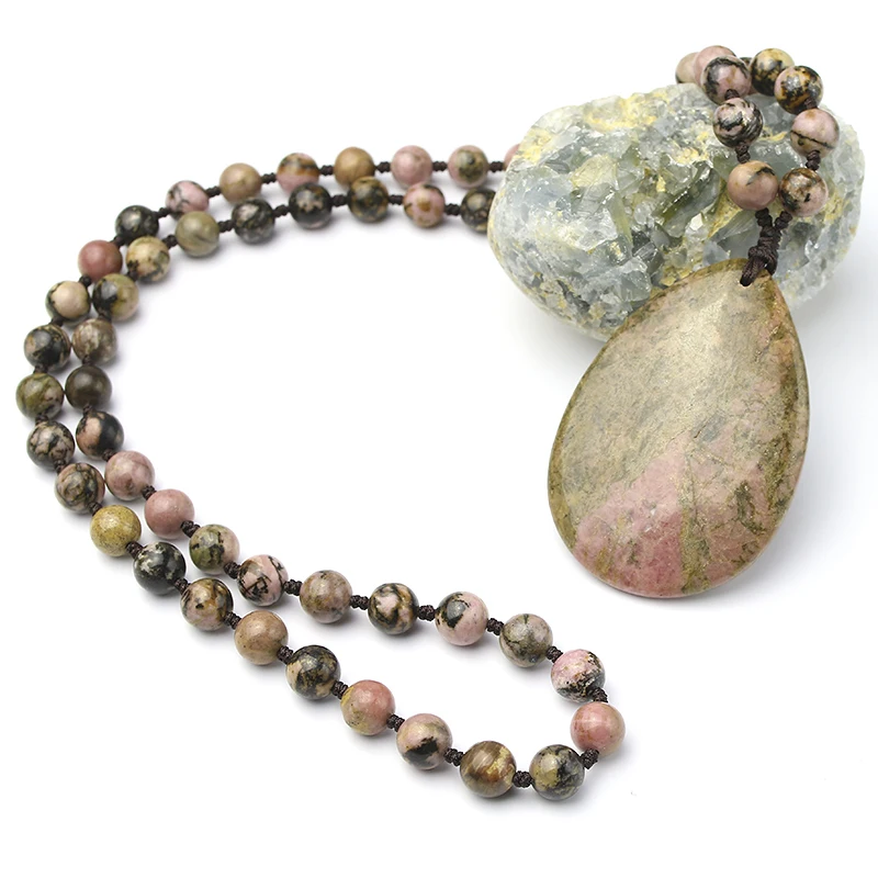 Natural 8mm Black Line Rhodochrosite Stone Beads Necklace Women Energy Pendent Necklaces Jewelry Handmade Knotted Accessories | Украшения и