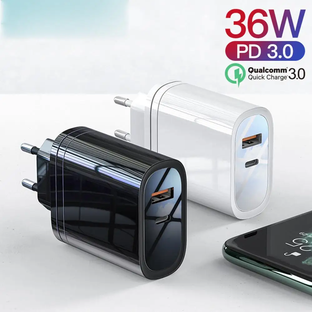 

36W Quick Charge 3.0 PD 3.0 Fast Charger USB C Ports Charger Travel Power Adapter For iPhone 12 Portable Phone Charger Adapter