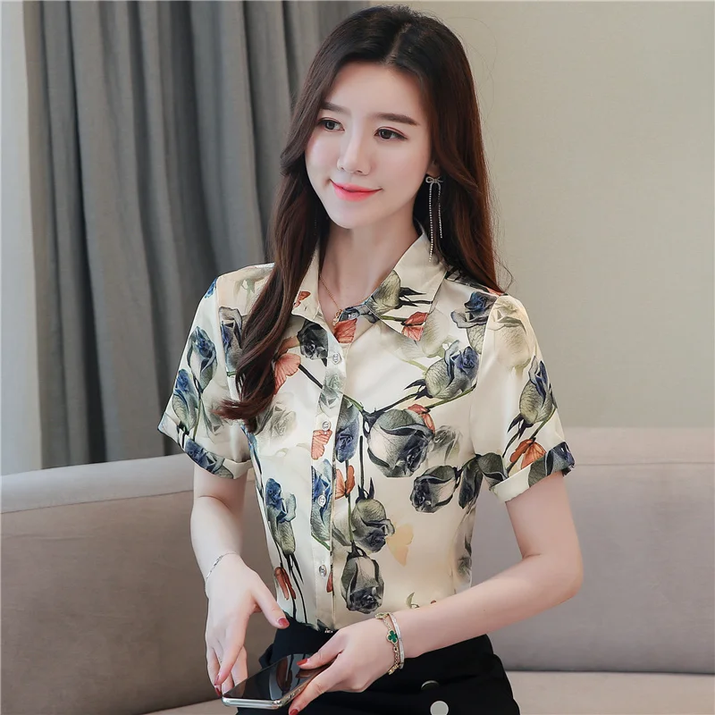 

Houthion Silk Satin Slim Women's Blouses Fashion Short Sleeve Top Flowers Buttons Polo Shirt Summer New Casual Blouse
