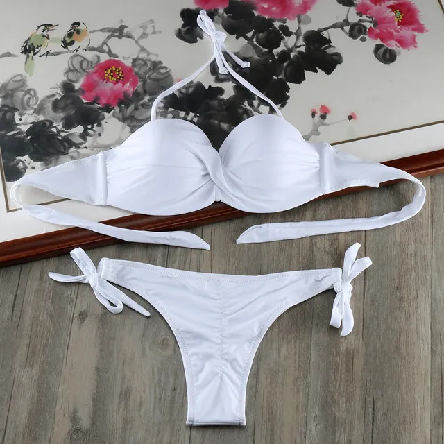 

Bikini Solid Strappy Bandage Bikinis Set White Push Up Bikini Swimwear Bandeau Brazilian Swimsuit Bathing Suit Maillot De Bain