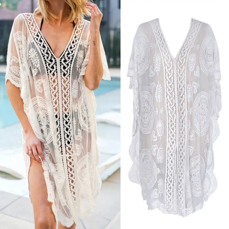 

Women Sexy V-Neck Bikini Cover Up See-Through Floral Lace Side Split Beach Dress Hot