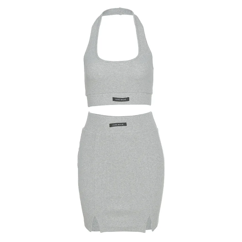 

Women Sexy Bodycon 2 Piece Dress Set halter Crop Top Summer Mini Skirts Suits Fashion Solid Outfits