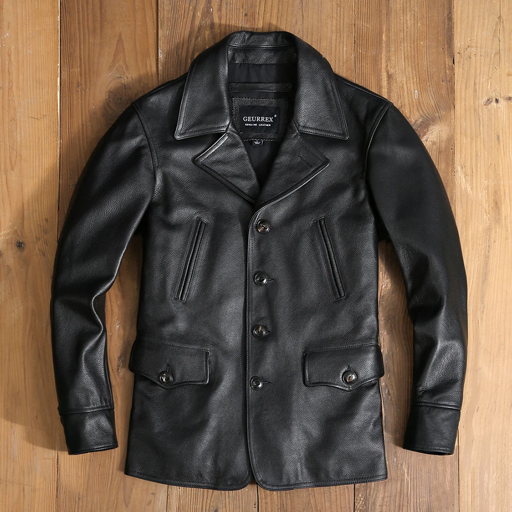 Free shipping.Dermis quality men genuine leather wind coat.wholesale black plus size cowhide jacket.classic casual winter 천연 가죽