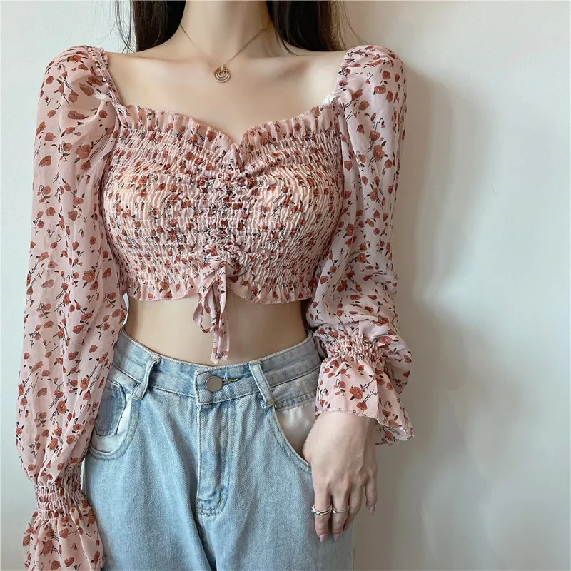 Блузка женская шифоновая с открытыми плечами цветочным принтом и длинным