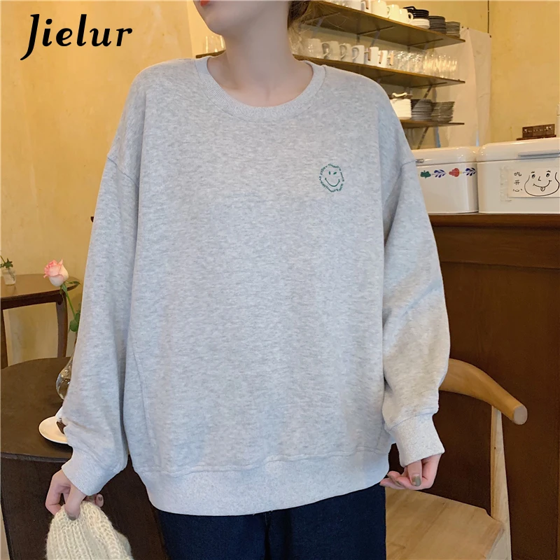 

Jielur Hoodie Female Korean Fashion Pullover Sweatshirt Women Loose Embroidery Autumn Warm Pink Gray Fleece Hoody M-XL Size