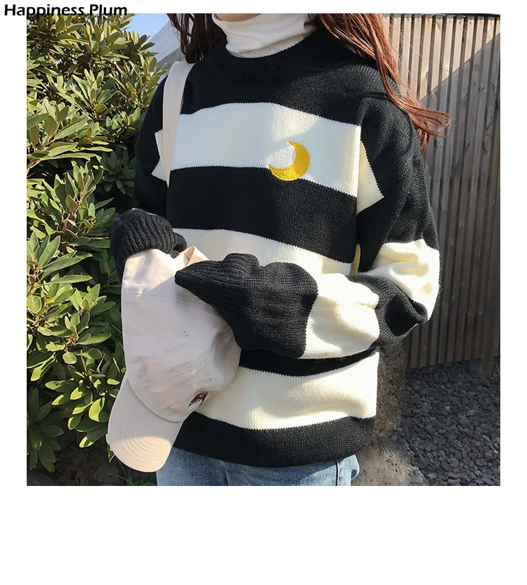 

Women's Sweaters College Candy Color Stripes Moon Sets Embroidery Sweater Female Harajuku Clothing For Women Lady