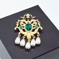 hoseng green pearl baroque vintage brooch banquet wedding men women alloy tassel jewelry gift hs_811